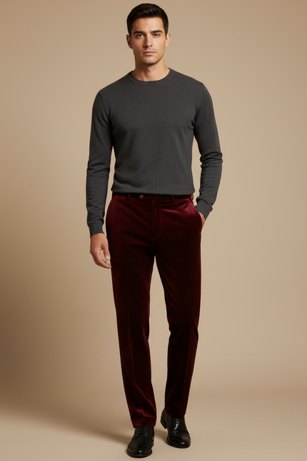 Pantalon Velours Bordeaux Droit Homme Élégant Classique