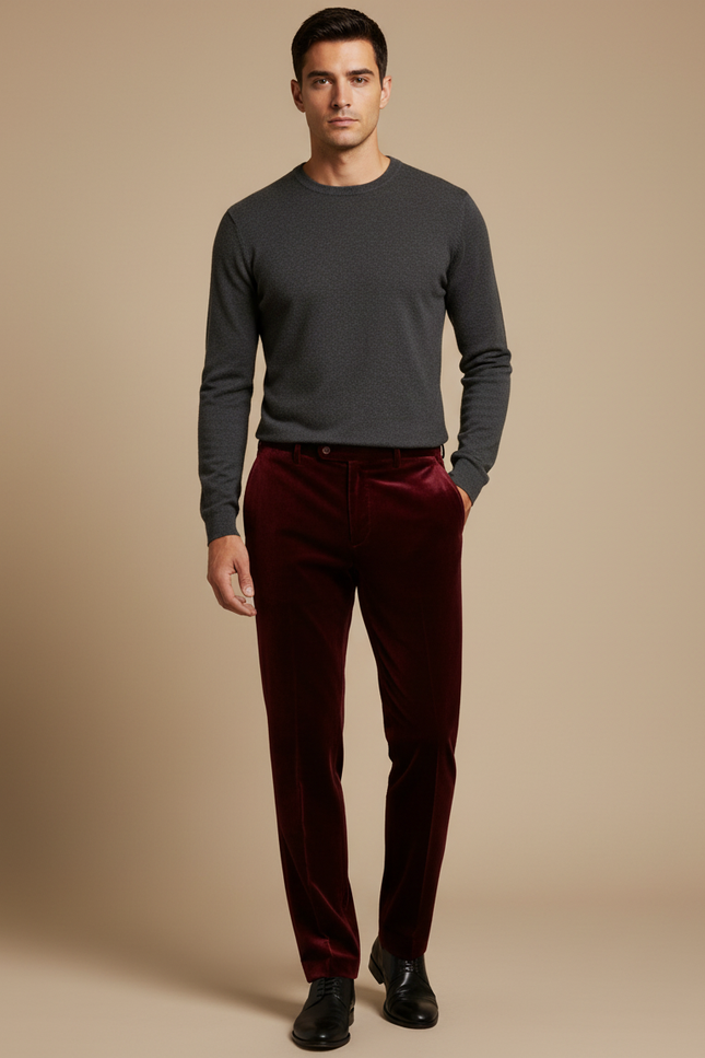 Pantalon Velours Bordeaux Droit Homme Élégant Classique