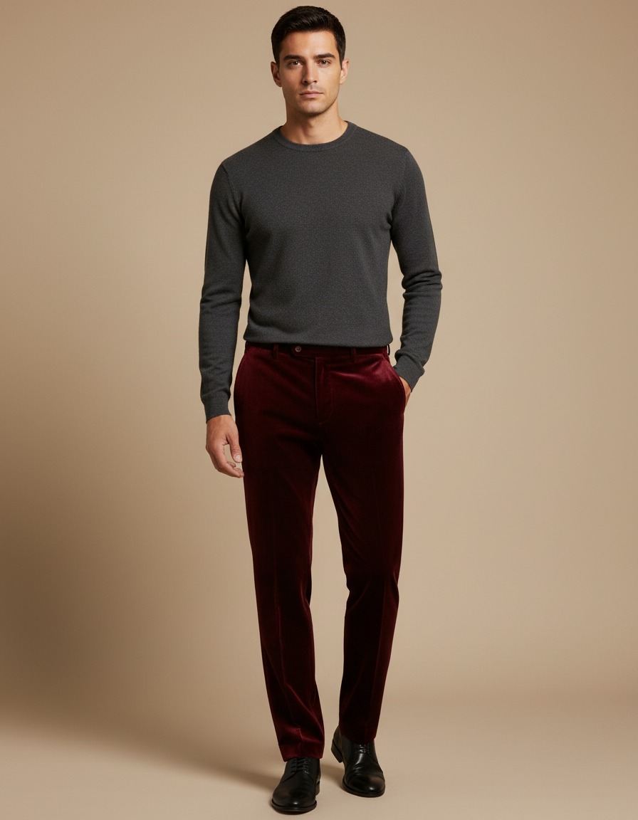 Pantalon Velours Bordeaux Droit Homme Élégant Classique
