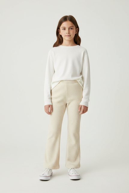Pantalon Velours Crème Côtelé Ample Fille Confortable - Beige Cordé