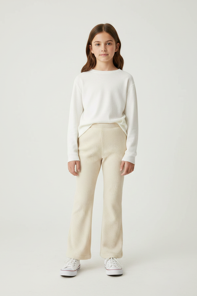 Pantalon Velours Crème Côtelé Ample Fille Confortable - Beige Cordé