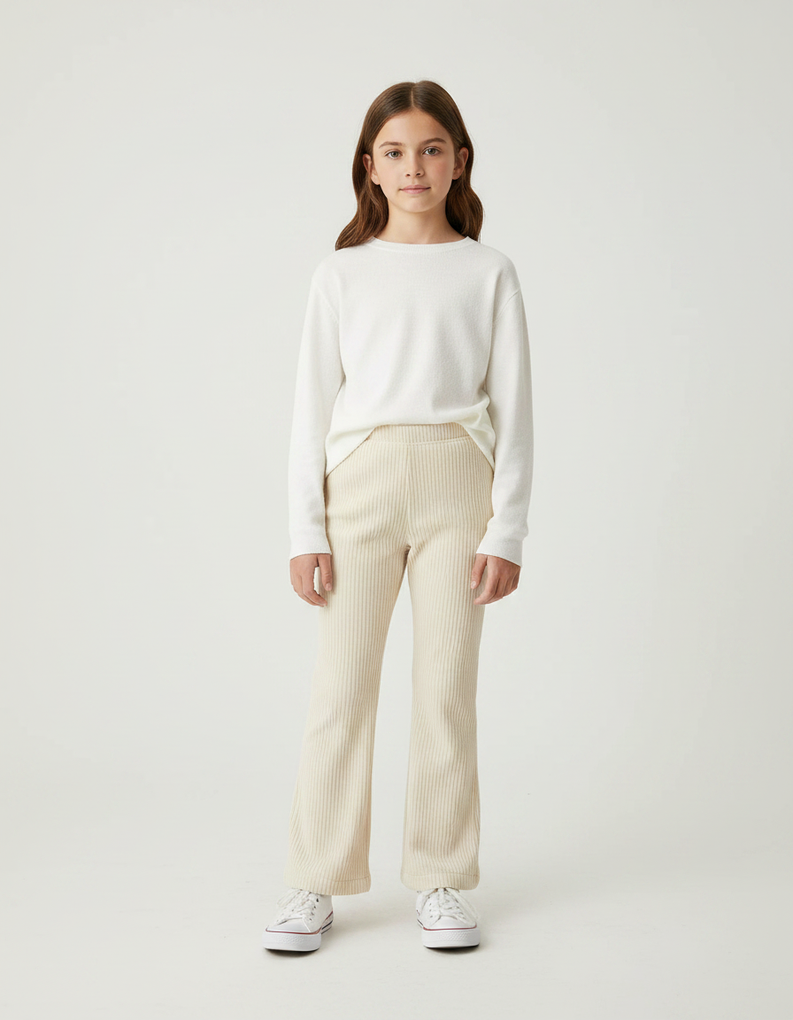 Pantalon Velours Crème Côtelé Ample Fille Confortable - Beige Cordé