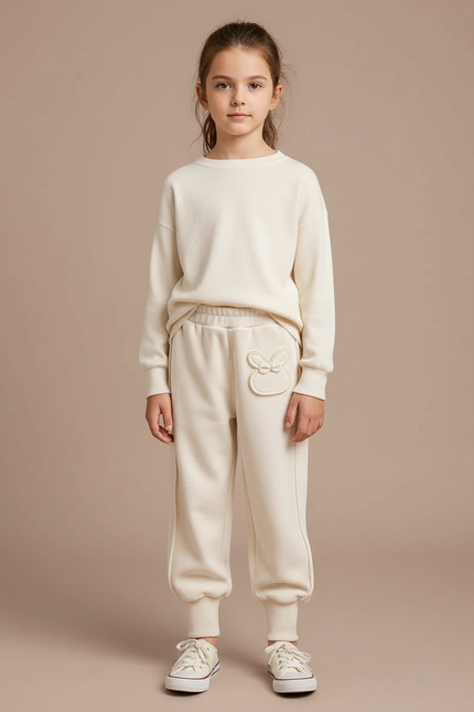 Pantalon Velours Crème Ample Brodé Lapin Confortable - Beige
