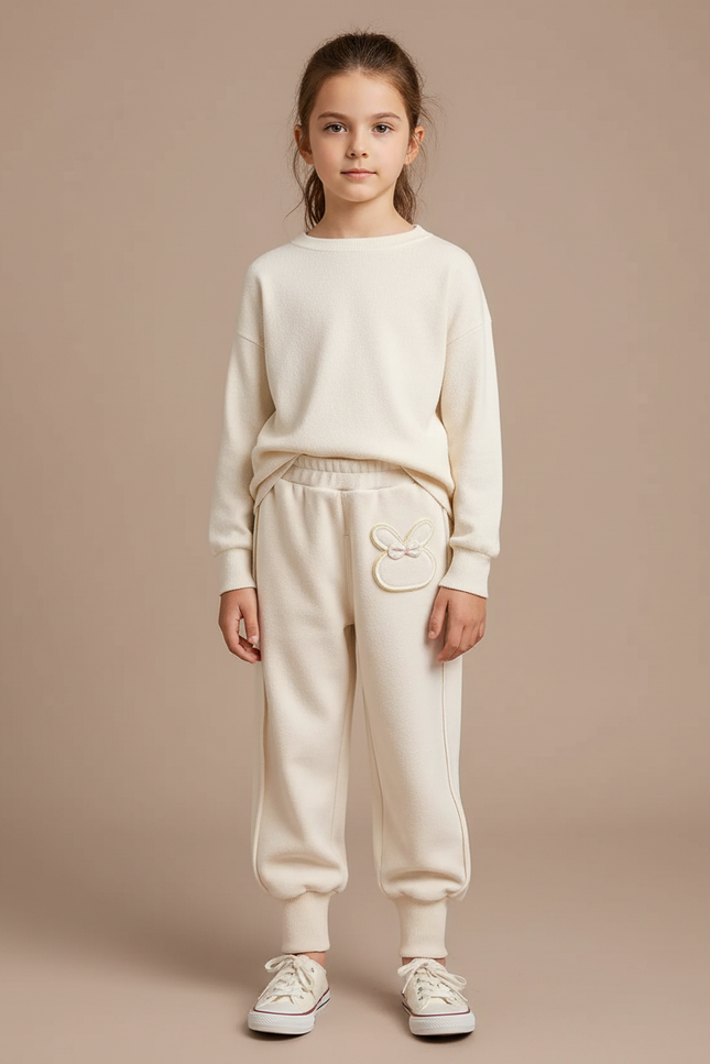 Pantalon Velours Crème Ample Brodé Lapin Confortable - Beige