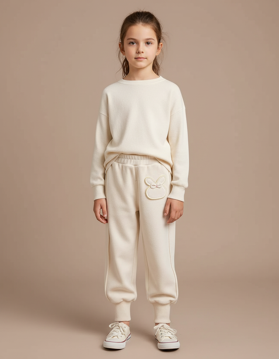 Pantalon Velours Crème Ample Brodé Lapin Confortable - Beige