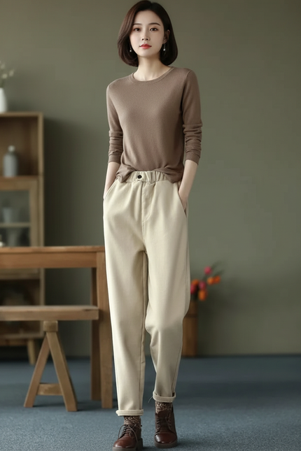 Pantalon Velours Beige Taille Haute Harem Épais