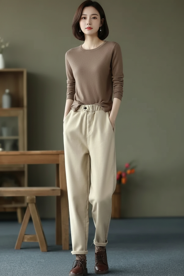Pantalon Velours Beige Taille Haute Harem Épais