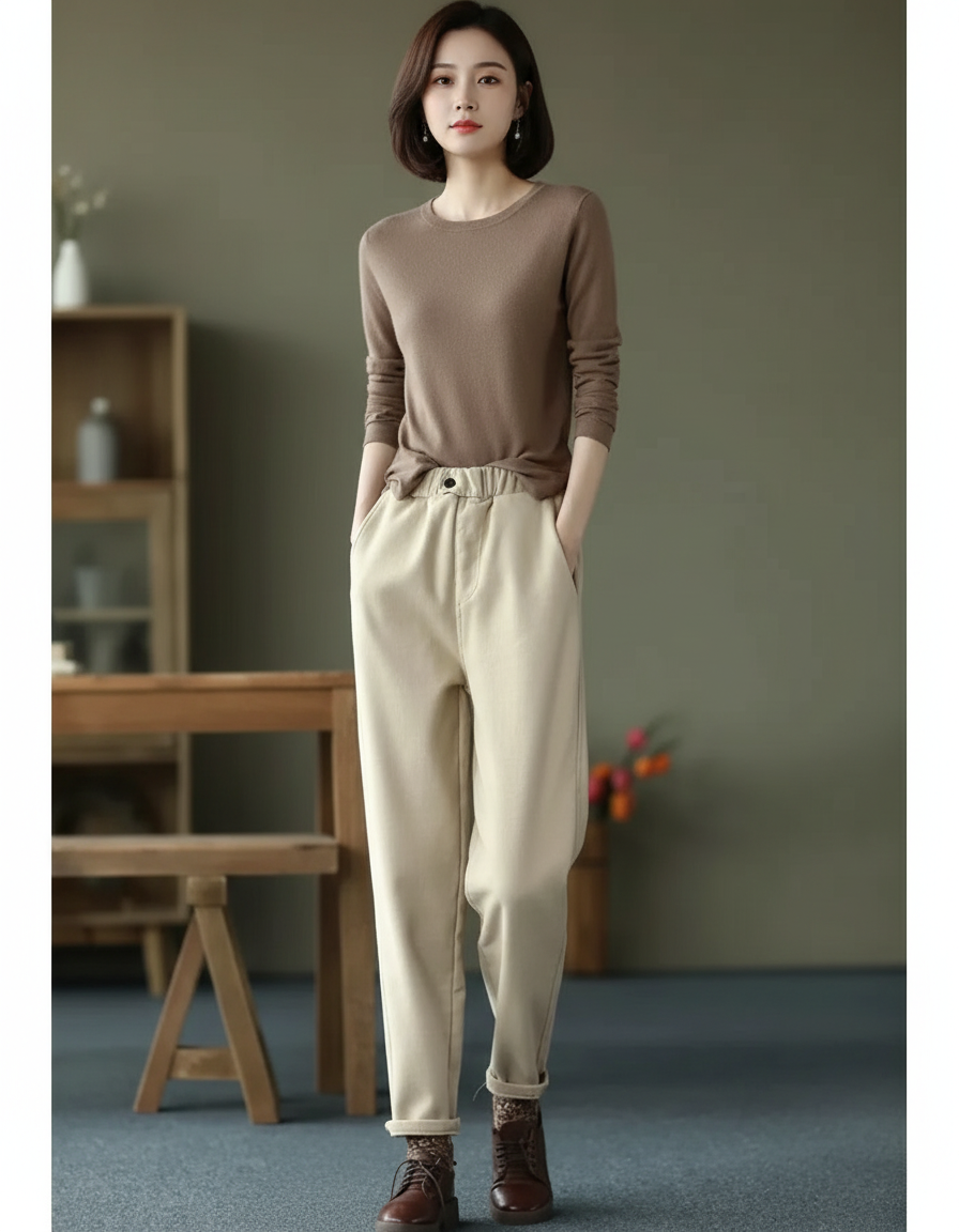 Pantalon Velours Beige Taille Haute Harem Épais