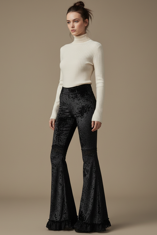 Pantalon Velours Noir Évasé Dentelle Gothique Femme