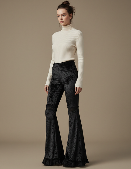 Pantalon Velours Noir Évasé Dentelle Gothique Femme