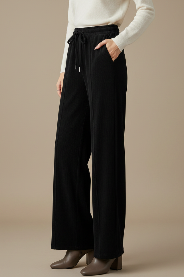 Pantalon Velours Noir Côtelé Ample Taille Haute Fluide - Cordé