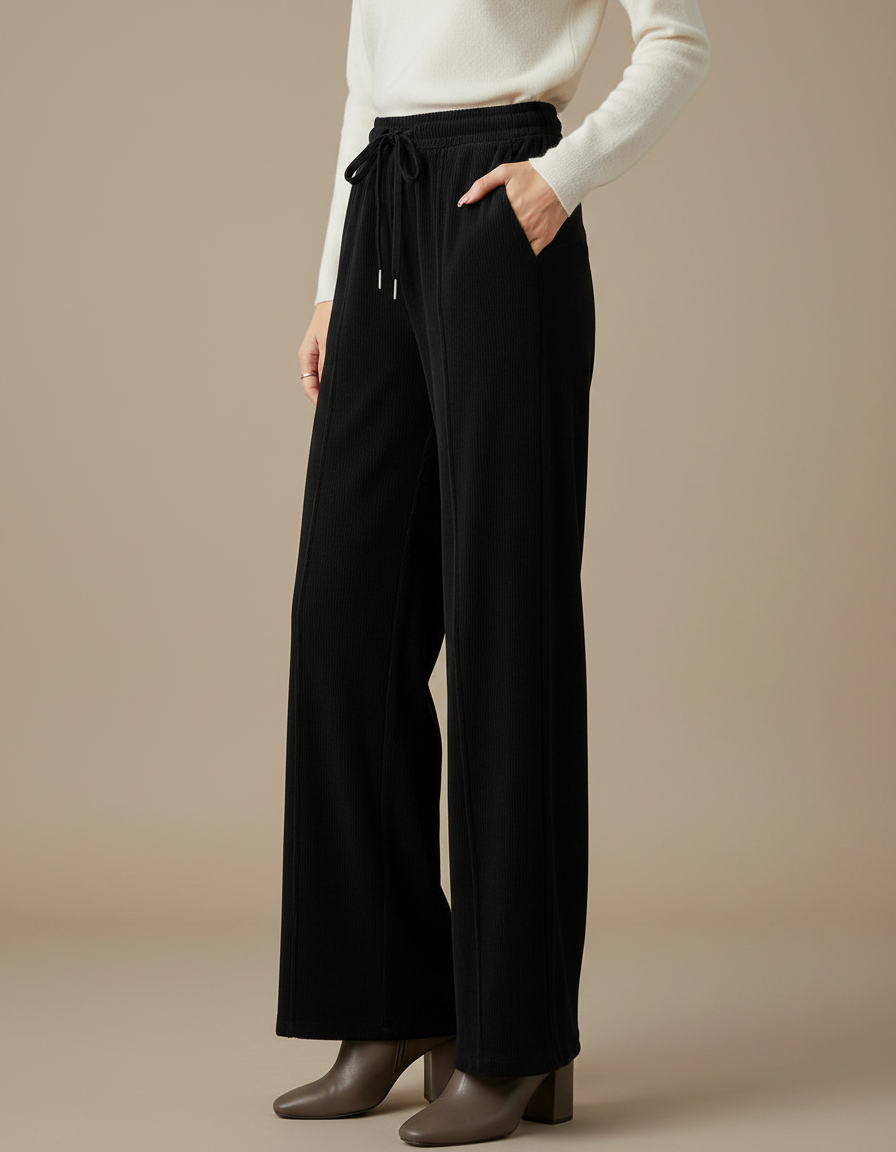 Pantalon Velours Noir Côtelé Ample Taille Haute Fluide - Cordé