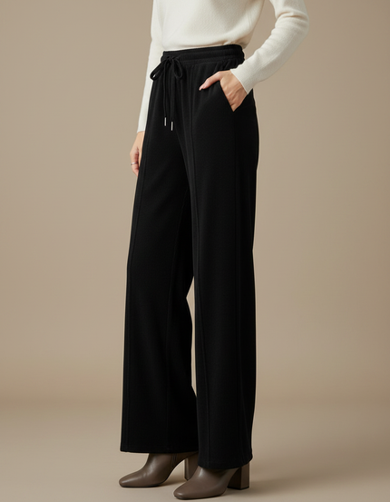Pantalon Velours Noir Côtelé Ample Taille Haute Fluide - Cordé