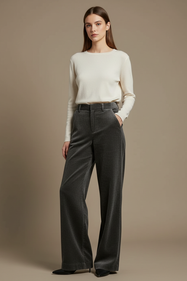Pantalon Velours Gris Côtelé Ample Élégant Décontracté - Cordé