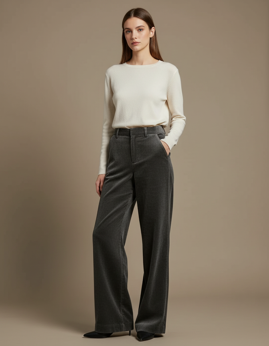 Pantalon Velours Gris Côtelé Ample Élégant Décontracté - Cordé