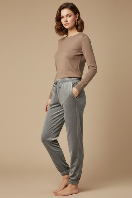 Pantalon Velours Gris Jogging Doux Confortable Femme