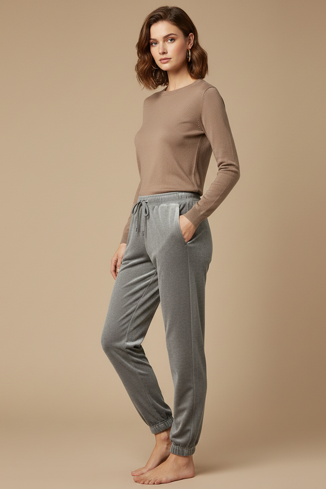 Pantalon Velours Gris Jogging Doux Confortable Femme