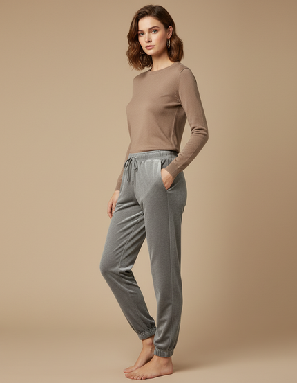 Pantalon Velours Gris Jogging Doux Confortable Femme