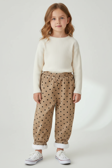 Pantalon Velours Beige Ample Pois Doublé Chaud