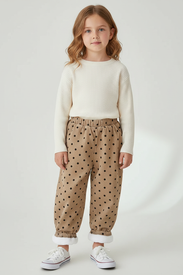 Pantalon Velours Beige Ample Pois Doublé Chaud