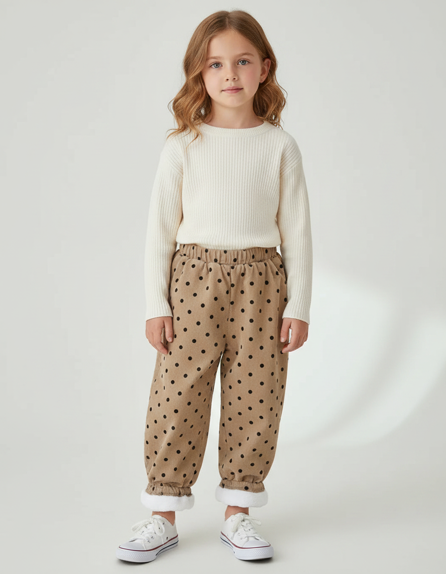 Pantalon Velours Beige Ample Pois Doublé Chaud
