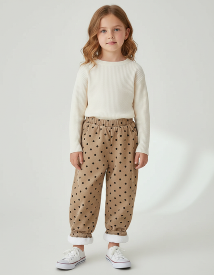 Pantalon Velours Beige Ample Pois Doublé Chaud