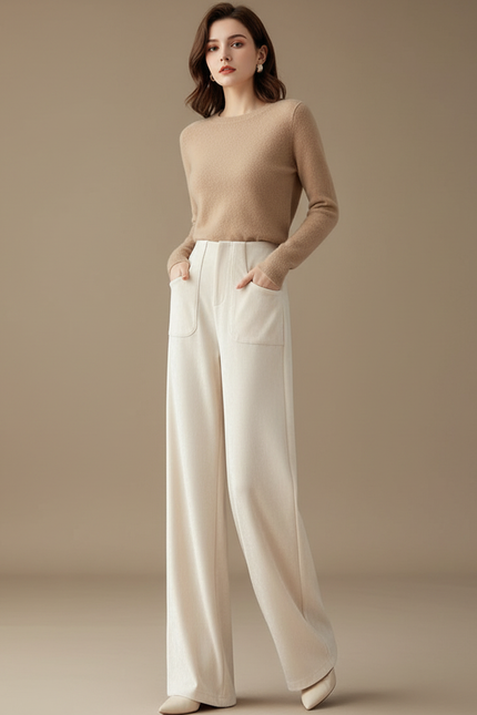 Pantalon Velours Beige Ample Décontracté Poches