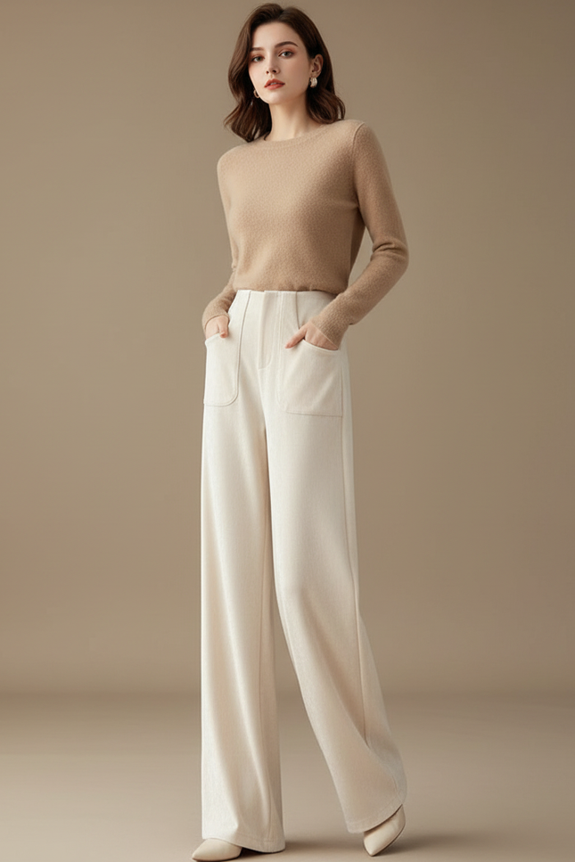 Pantalon Velours Beige Ample Décontracté Poches