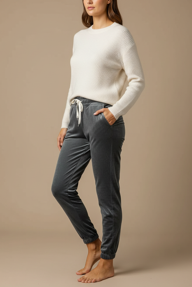 Pantalon Velours Gris Jogger Doux Confortable Femme