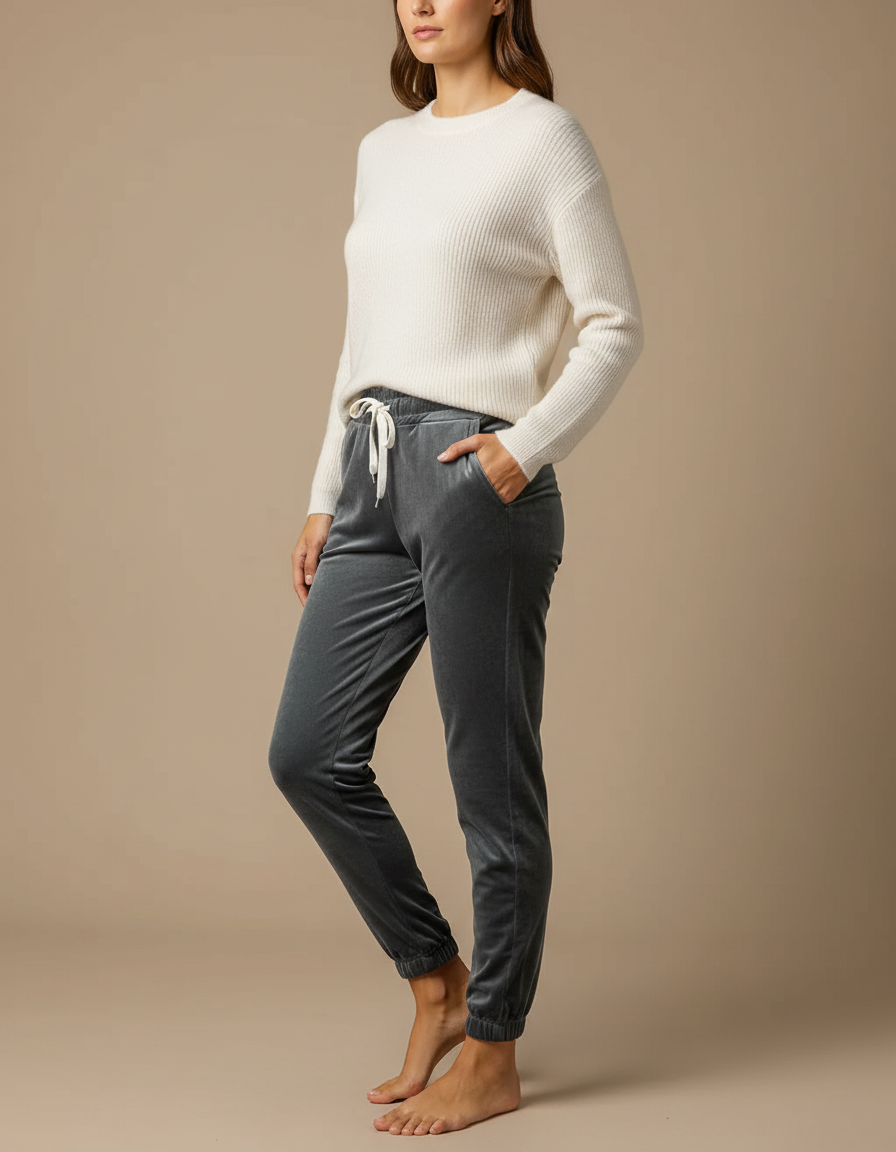 Pantalon Velours Gris Jogger Doux Confortable Femme