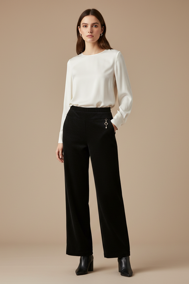 Pantalon Velours Côtelé Noir Large Décontracté - Cordé