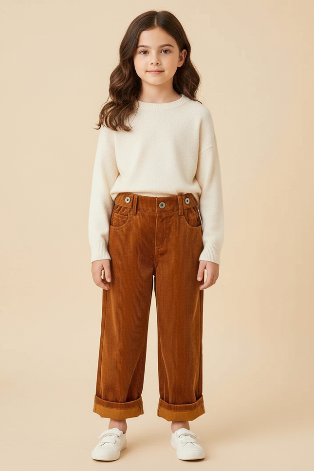 Pantalon Velours Fille Camel Large - Marron Cordé