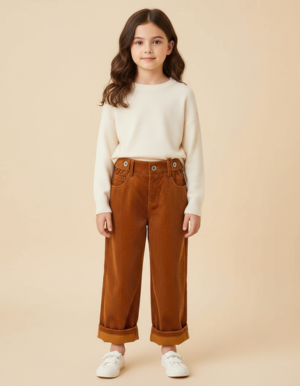Pantalon Velours Fille Camel Large - Marron Cordé