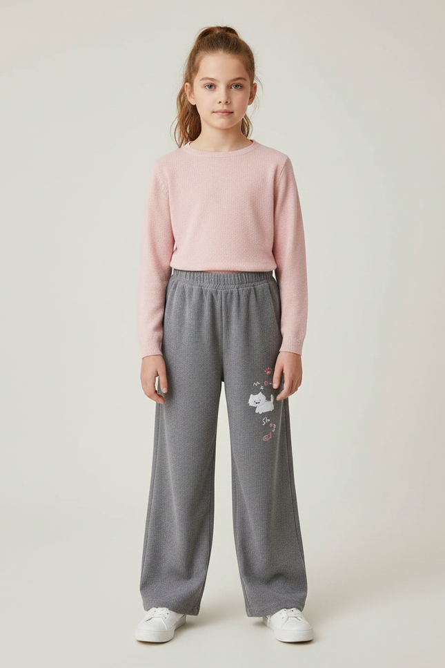Pantalon Velours Gris Côtelé Ample Brodé Chat Enfant - Cordé
