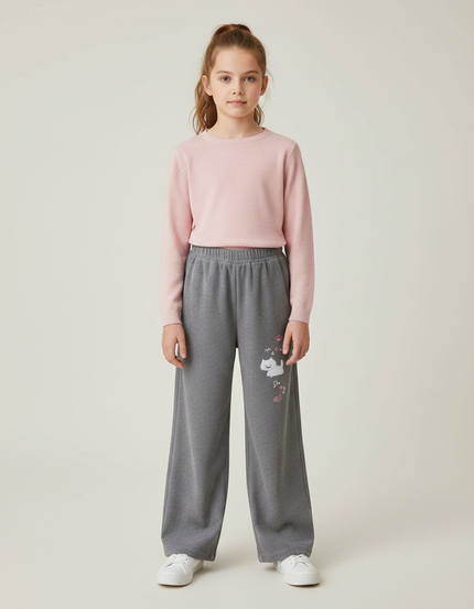 Pantalon Velours Gris Côtelé Ample Brodé Chat Enfant - Cordé