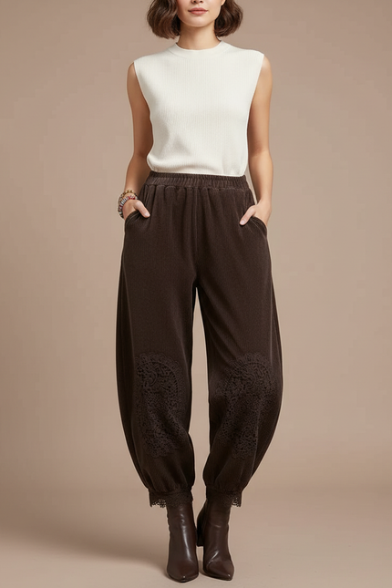 Pantalon Velours Marron Côtelé Ample Brodé Femme - Cordé