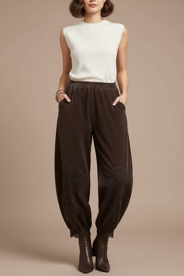Pantalon Velours Marron Côtelé Ample Brodé Femme - Cordé