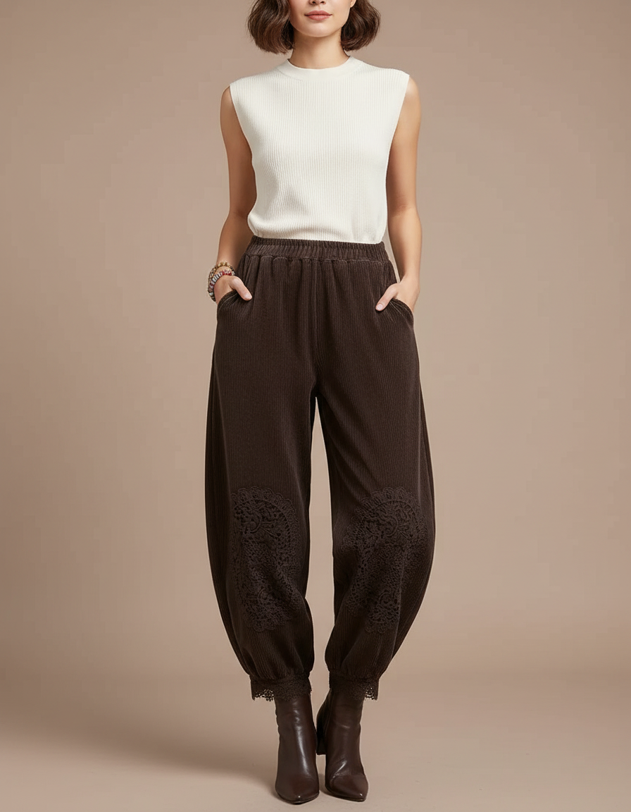 Pantalon Velours Marron Côtelé Ample Brodé Femme - Cordé