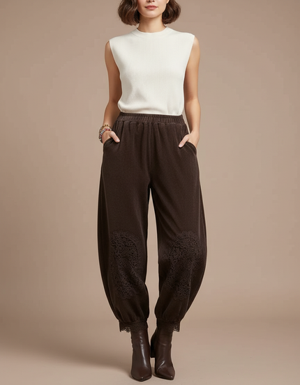 Pantalon Velours Marron Côtelé Ample Brodé Femme - Cordé