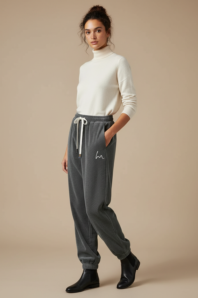 Pantalon Velours Côtelé Gris Décontracté Ample Brodé - Cordé