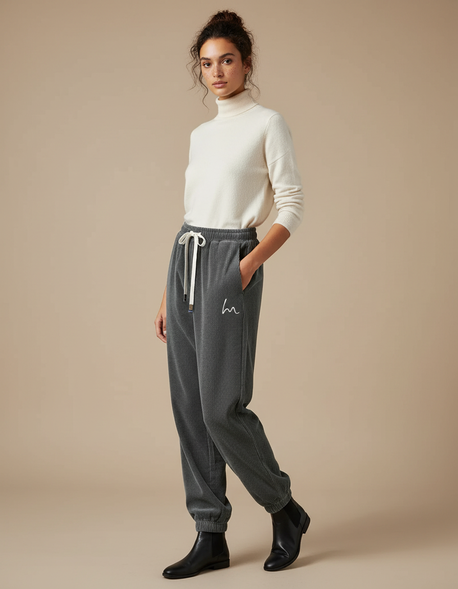Pantalon Velours Côtelé Gris Décontracté Ample Brodé - Cordé