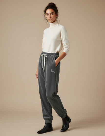 Pantalon Velours Côtelé Gris Décontracté Ample Brodé - Cordé