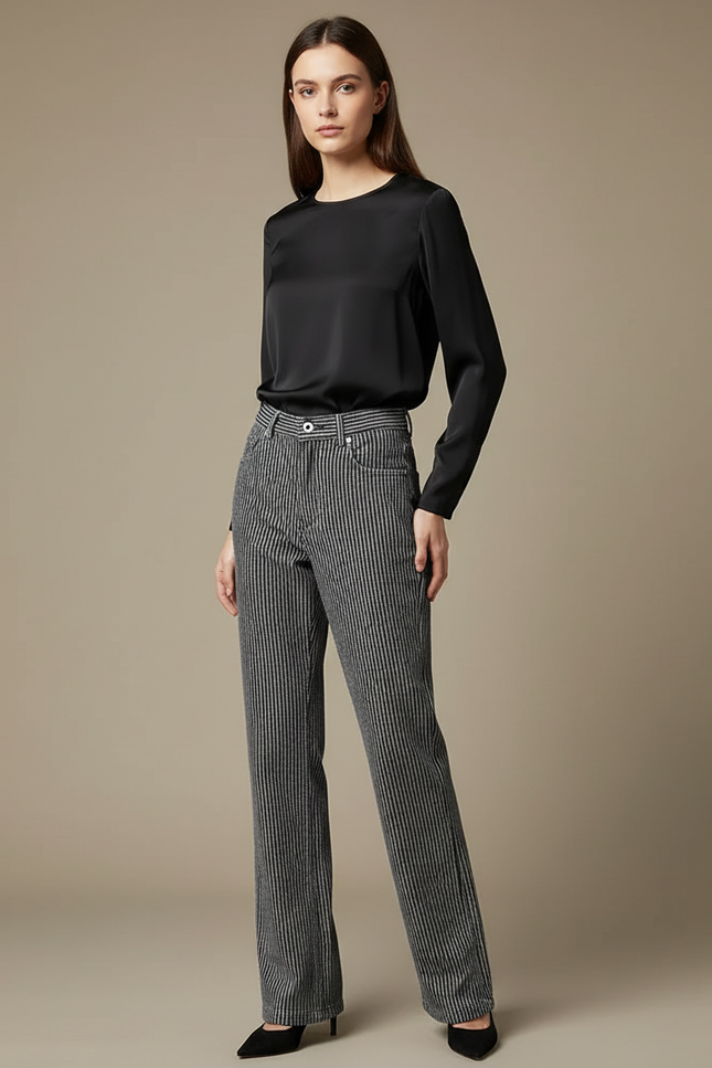 Pantalon Velours Rayé Noir Ample Décontracté Femme - Gris Cordé