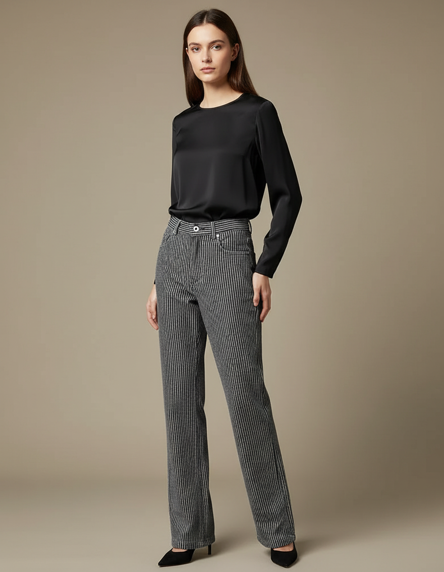Pantalon Velours Rayé Noir Ample Décontracté Femme - Gris Cordé