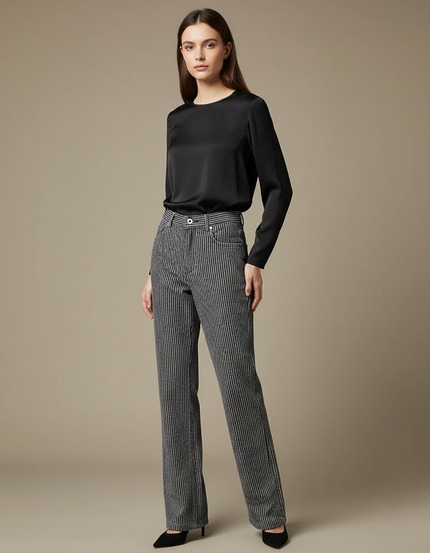 Pantalon Velours Rayé Noir Ample Décontracté Femme - Gris Cordé