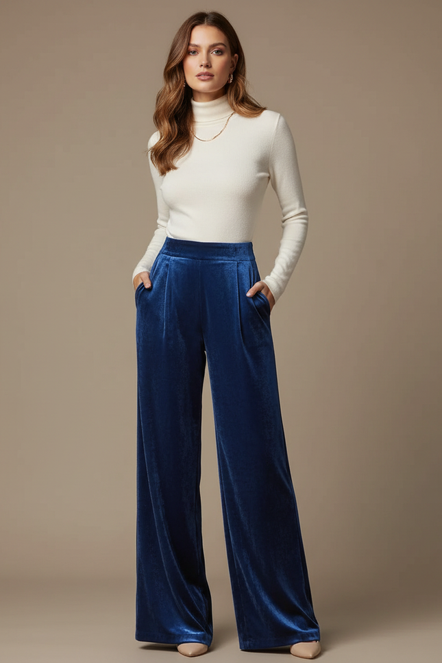 Pantalon Velours Bleu Ample Fluide Élégant Femme