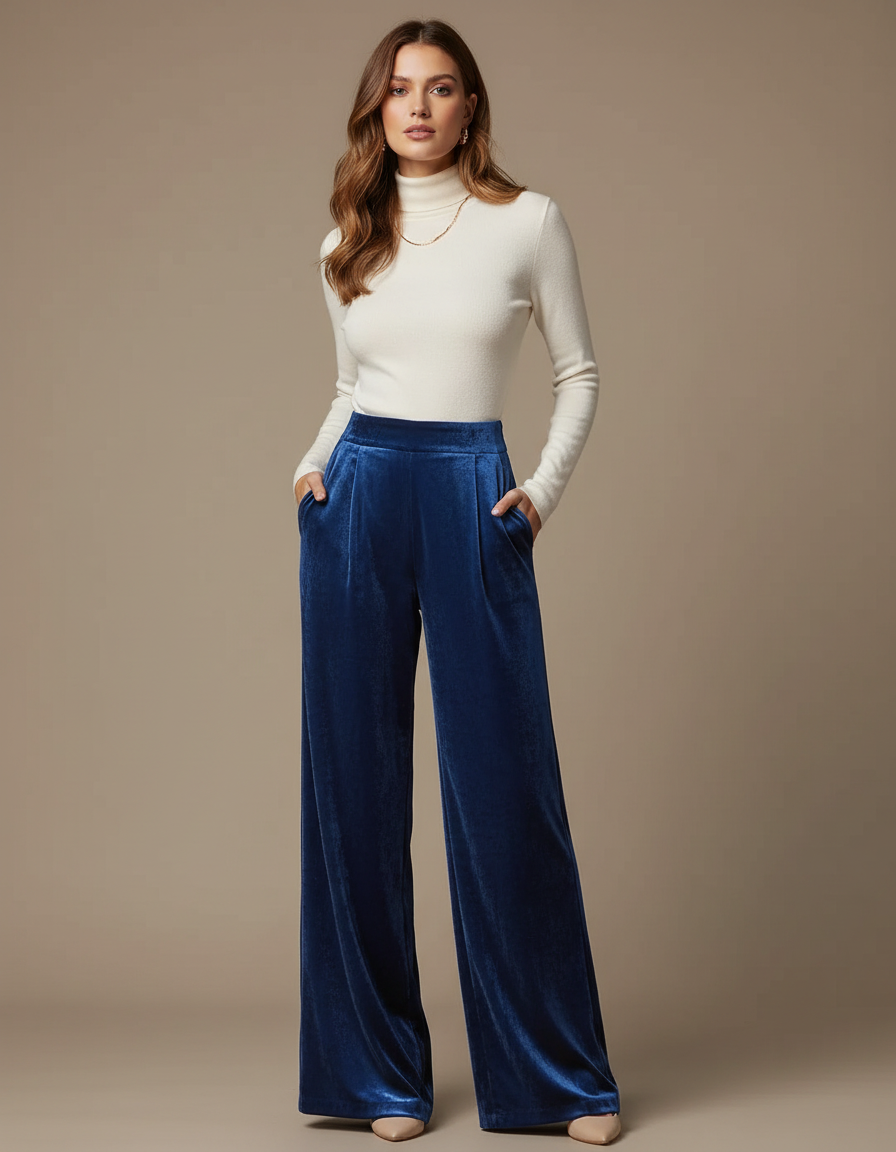 Pantalon Velours Bleu Ample Fluide Élégant Femme