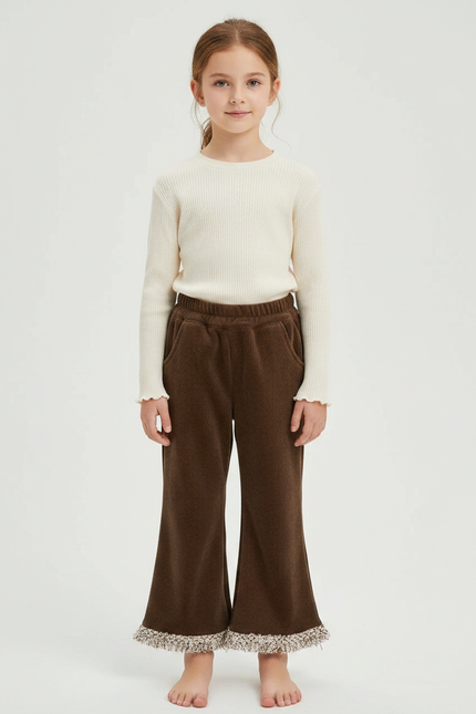 Pantalon Velours Marron Côtelé Évasé Franges Fille - Cordé