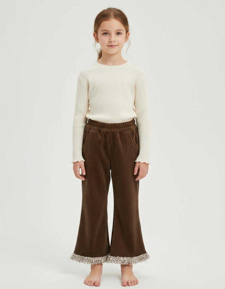 Pantalon Velours Marron Côtelé Évasé Franges Fille - Cordé