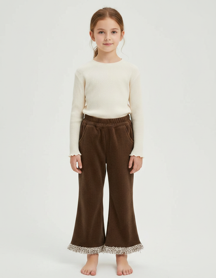 Pantalon Velours Marron Côtelé Évasé Franges Fille - Cordé